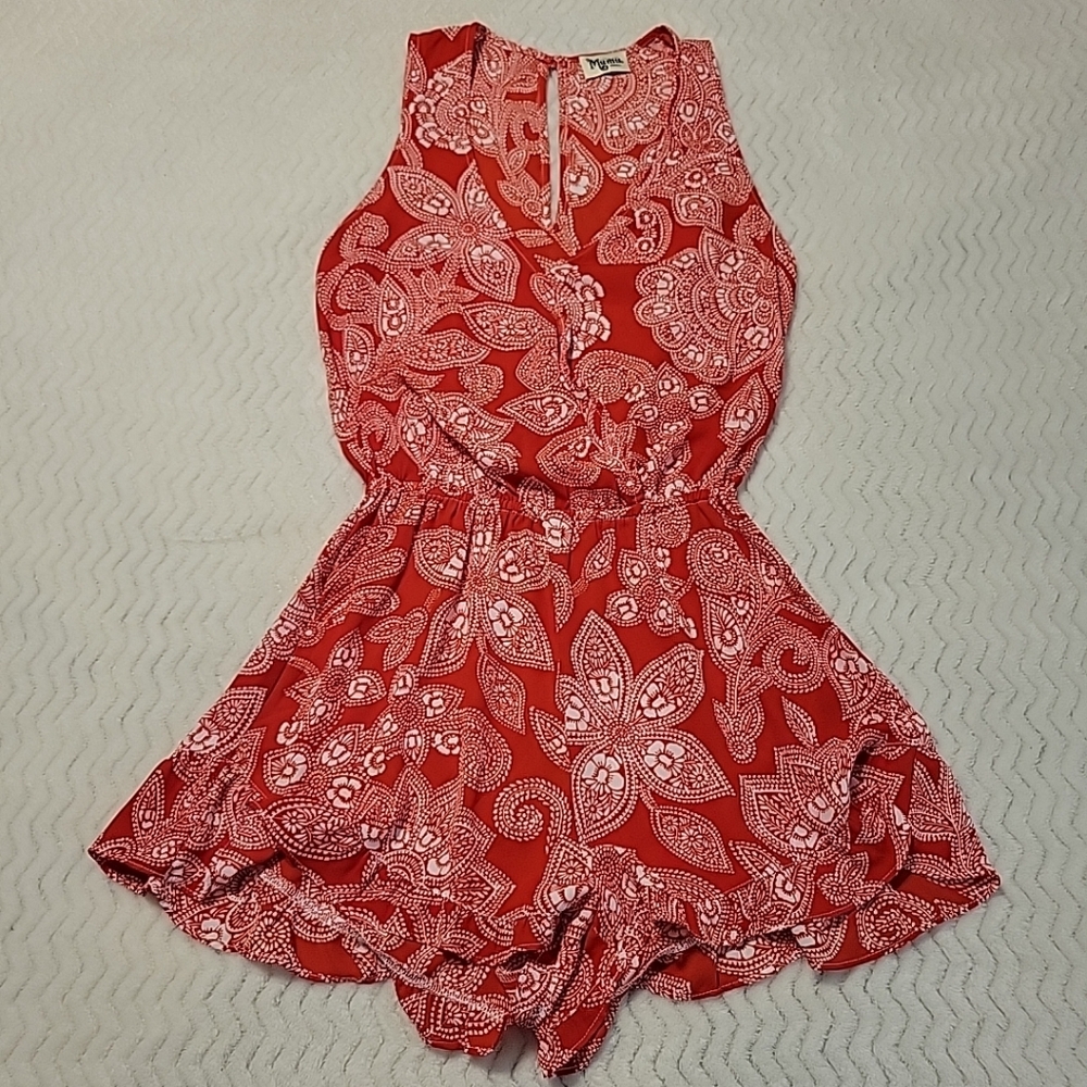 Show Me Your Mumu Romper Womens Small Red Print Ruffle Keyhole Boho Beachy